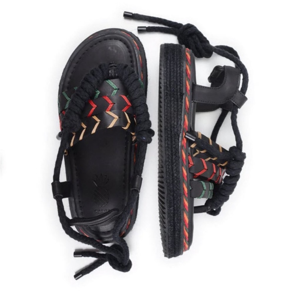 FARM Rio Black Sandals with Red, Green & Tan Braided Detail